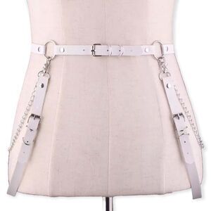 White Leather Suspender Harness Silver Hardware Statement Belt NEW